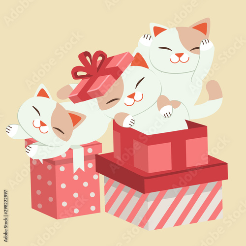 The charavter of cute cat sitting in the gift box. The cute cat playing with a giftbox. The picture can use for birthday,valentines day , holiday. The character of cute cat in flat vector style. photo