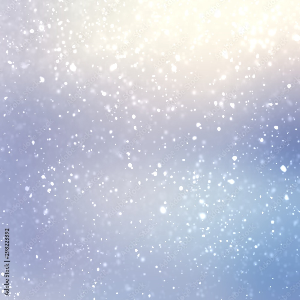 Winter nature cool background. Snowfall blurry pattern. Light blue lilac outdoor silhouette. Bright flare and gloss. Transparent abstract texture. Holiday decoration. Magical shiny outside space.