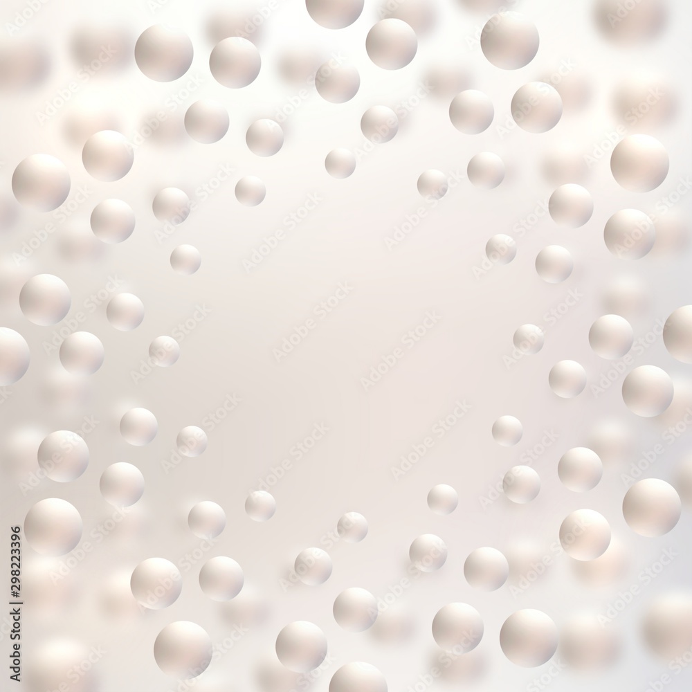 Pearls round pattern on light blurred background. Abstract molecules illustration. Pastel subtle backdrop.