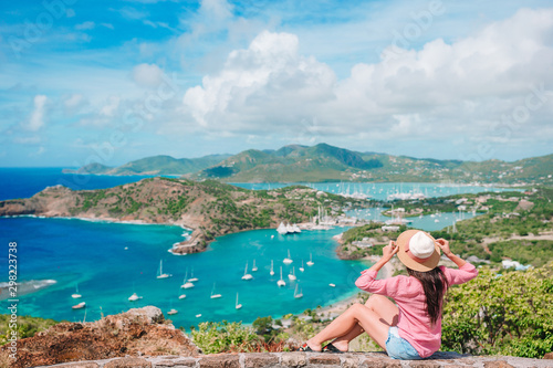 View of English Harbor from Shirley Heights, Antigua, paradise bay at tropical island in the Caribbean Sea © travnikovstudio