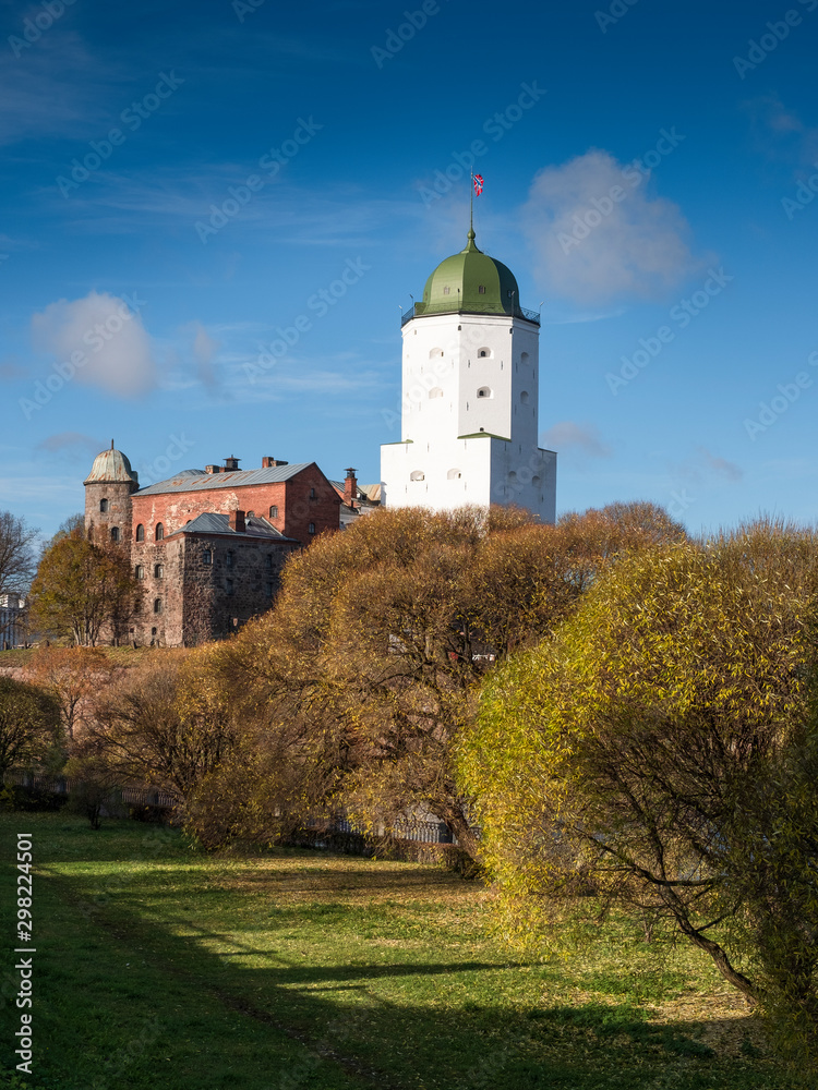 the tower of St. Olav of the Vyborg castle on the island  on a sunny autumn day