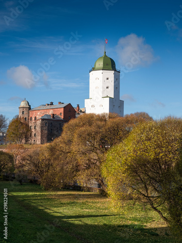 the tower of St. Olav of the Vyborg castle on the island on a sunny autumn day