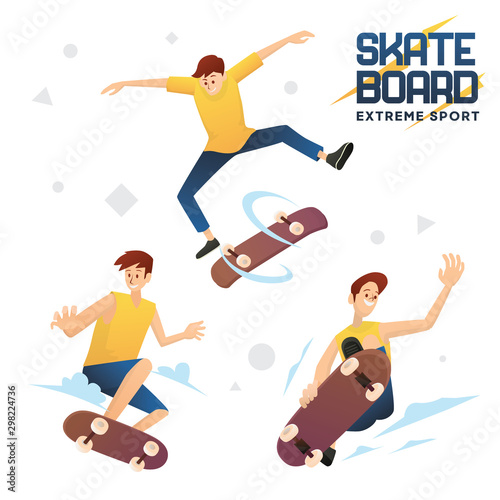 Skateboarder With Yellow Shirt Doing Various Trick Vector Illustration