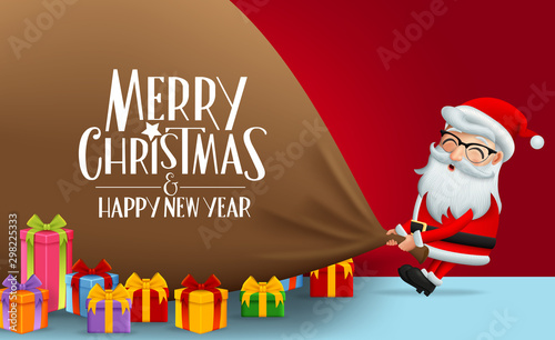 Christmas character santa claus with big sack vector background design. Merry christmas and happy new year greeting text with santa claus pulling big sack and colorful gifts in red wall background.