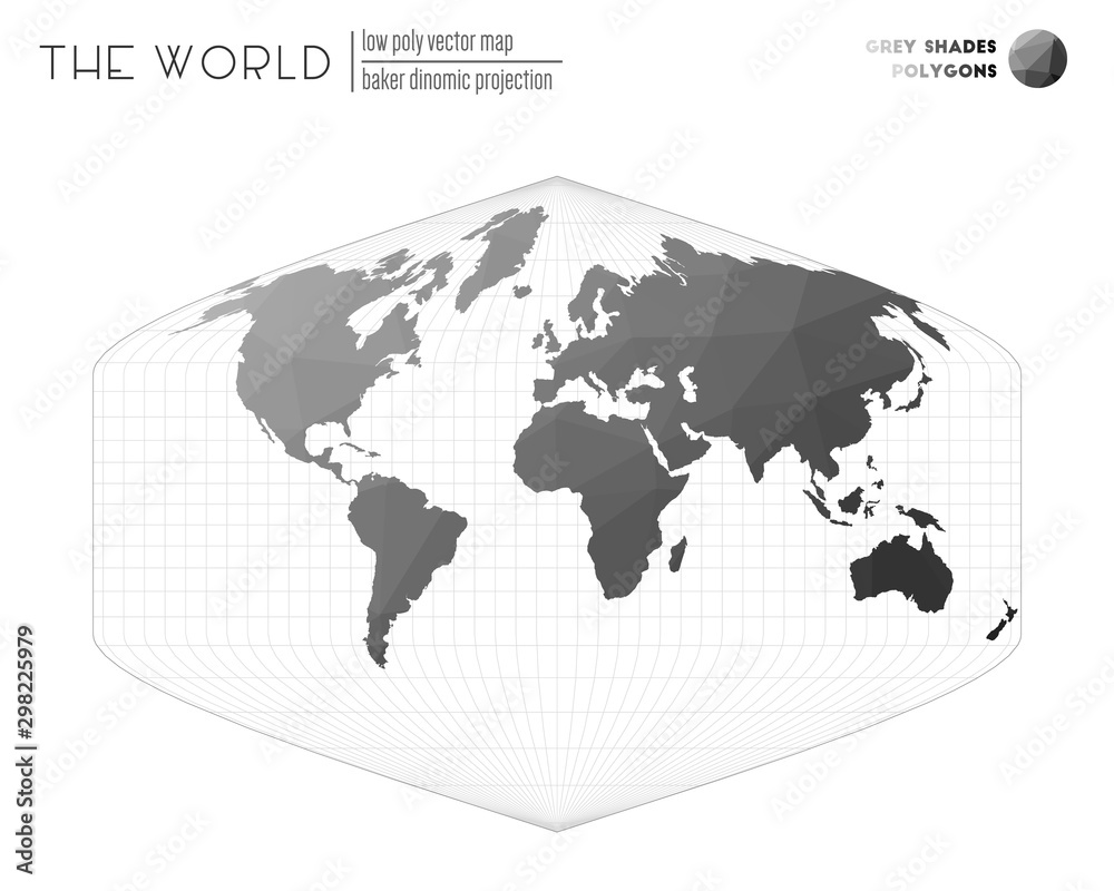 Low poly world map. Baker Dinomic projection of the world. Grey shades colored polygons. Amazing vector illustration. Low poly world map. Baker Dinomic projection of the world. Grey shades colored polygons. Amazing vector illustration.