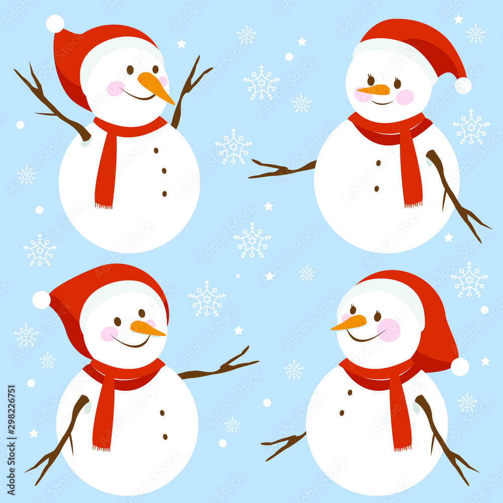 Snowmen with Christmas hats and scarves. Vector illustration.