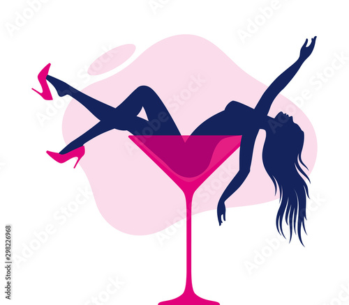 Vector of young elegant woman lying in wine glass. Isolated on white background.