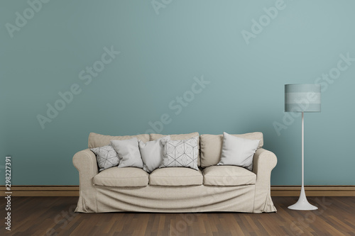 white leather sofa in blue living room, interior design background, 3D rendering