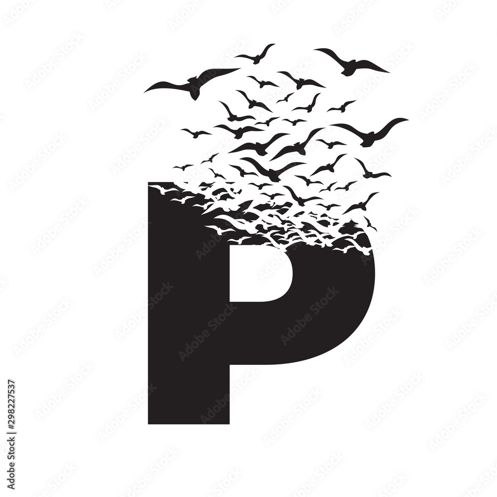 letter P with effect of destruction. Dispersion. Birds
