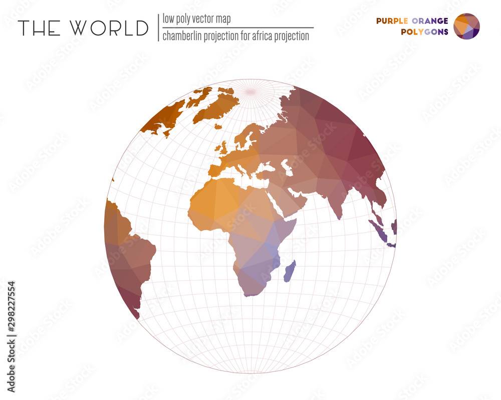 Vector map of the world. Chamberlin projection for Africa projection of the world. Purple and orange colored polygons. Awesome vector illustration. Vector map of the world. Chamberlin projection for Africa projection of the world. Purple and orange colored polygons. Awesome vector illustration.