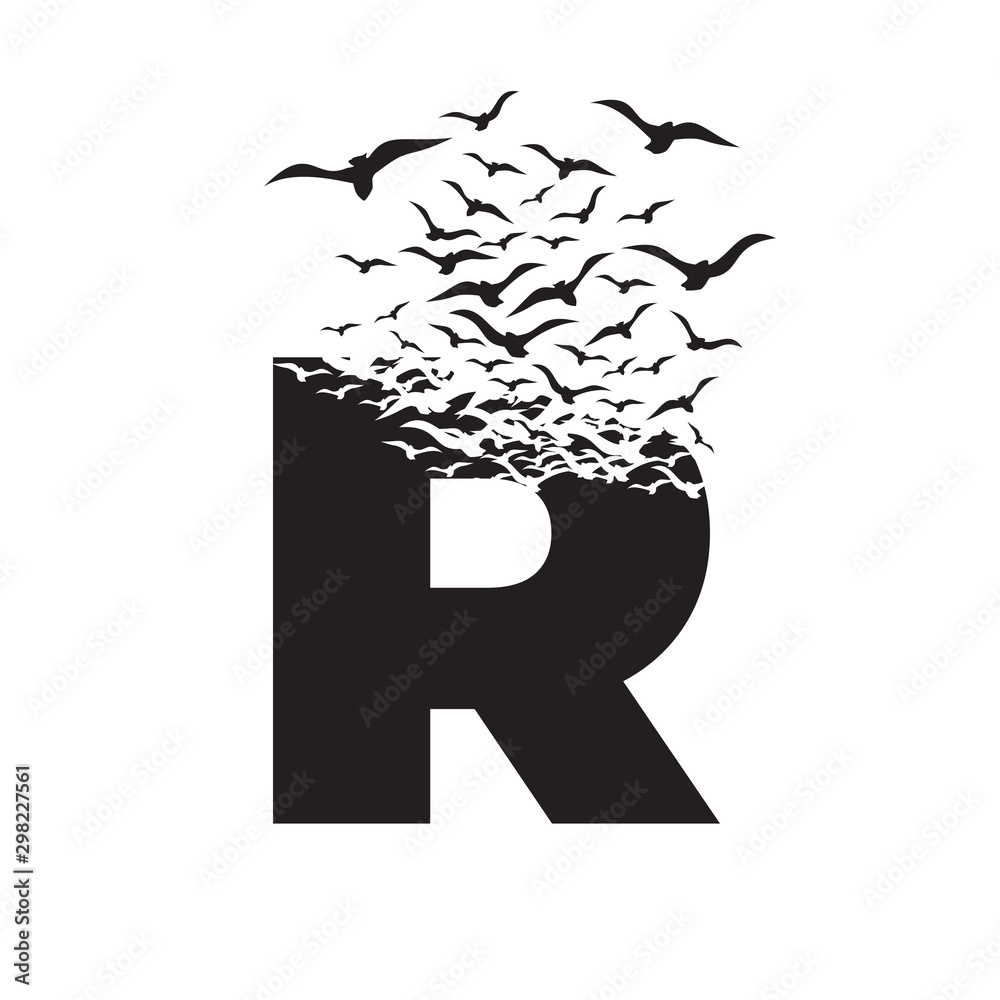 letter R with effect of destruction. Dispersion. Birds