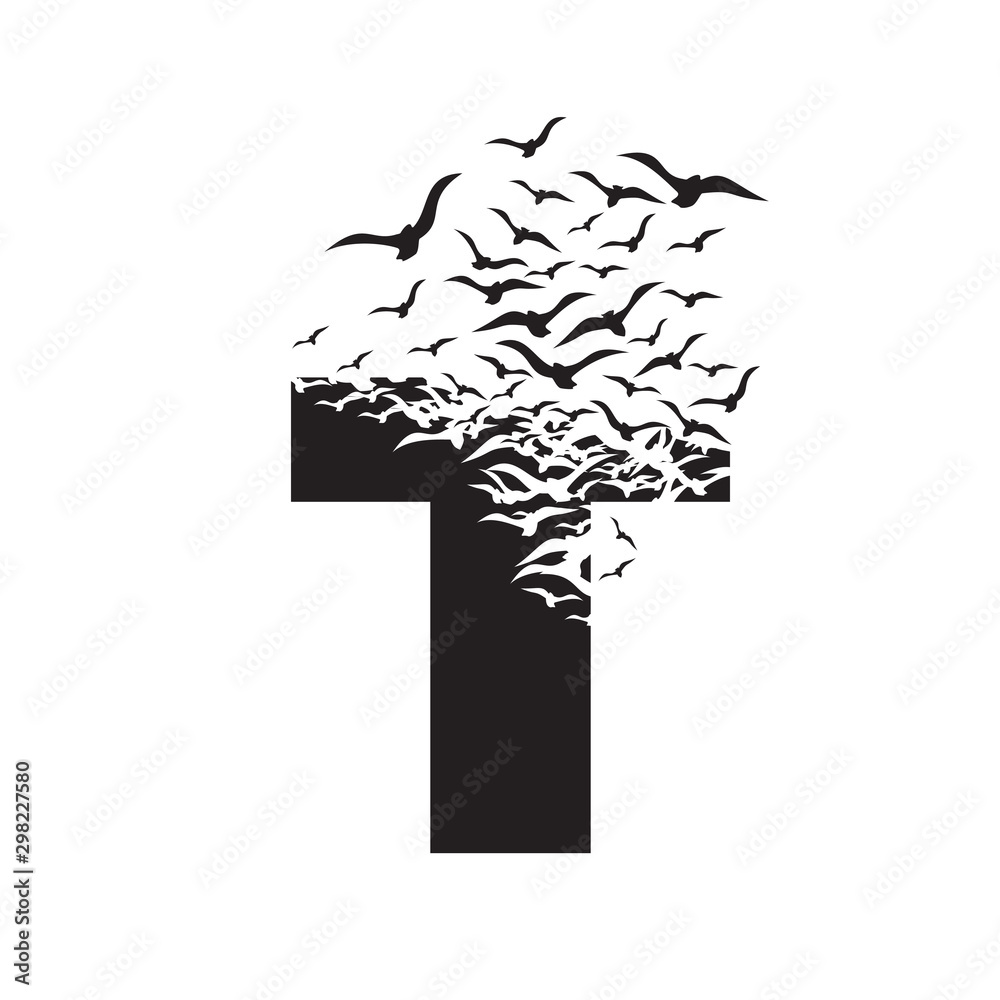 letter T with effect of destruction. Dispersion. Birds
