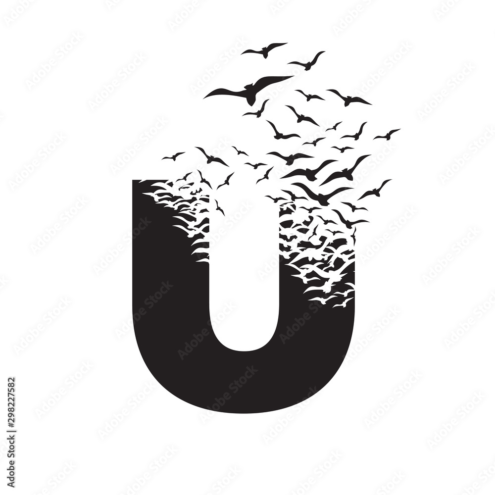 letter U with effect of destruction. Dispersion. Birds