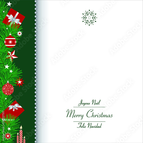 Gabarit pour un menu de Noël, rouge, blanc et vert, décoré de branches de sapin et de cadeaux - texte anglais, français et espagnol, traduction : bon Noël.