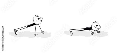 Doodle stick figure: Man doing exercises in the gym. Fitness and healthy lifestyle. Vector.