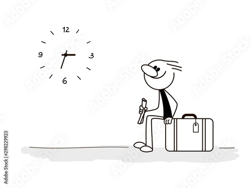 Doodle stick figure: Man sitting on a suitcase and holding newspaper. - Vector