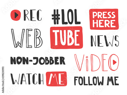 Record, lol, tube, press, button, non jobber, watch, me, follow, web, video. Sticker for social media content. Vector hand drawn collection set illustration design. 