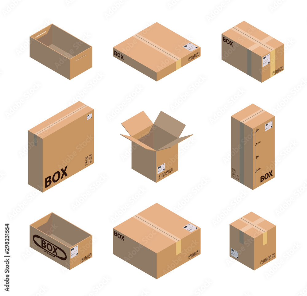 Vecteur Stock Carton packaging box. Isometric carton packaging box images  set of different size with postal signs this side up fragile vector  illustration. Set closed and open cardboard boxes on white background.