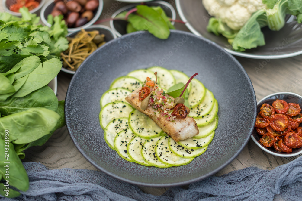 Fried Cod Fish with Sliced Courgette and Fresh Vegetable Salsa Fried Cod Fish with Sliced Courgette and Fresh Vegetable Salsa