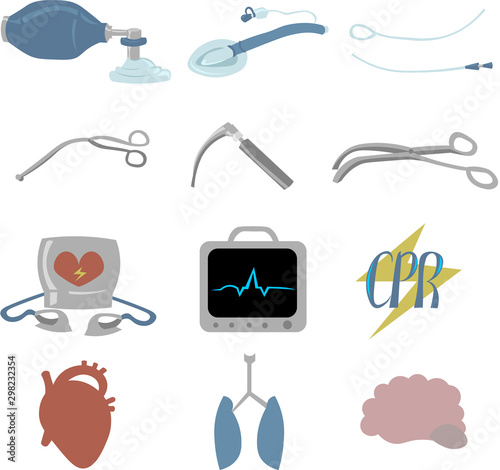 Set of objects for cardiopulmonary resuscitation. Urgent Care. Medical equipment. Defibrillator, ECG, ambu bag, catheter and more.