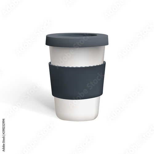 Realistic coffee cup with lid and protect sleeve. Travel eco mug, mockup. Vector template