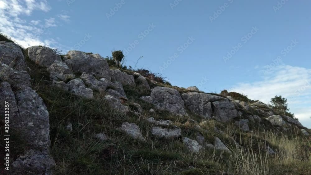 Lake district coastal limestone hillside slope boulder formation wildflower landscape. Slow pan left. Lake district coastal limestone hillside slope boulder formation wildflower landscape. Slow pan left.