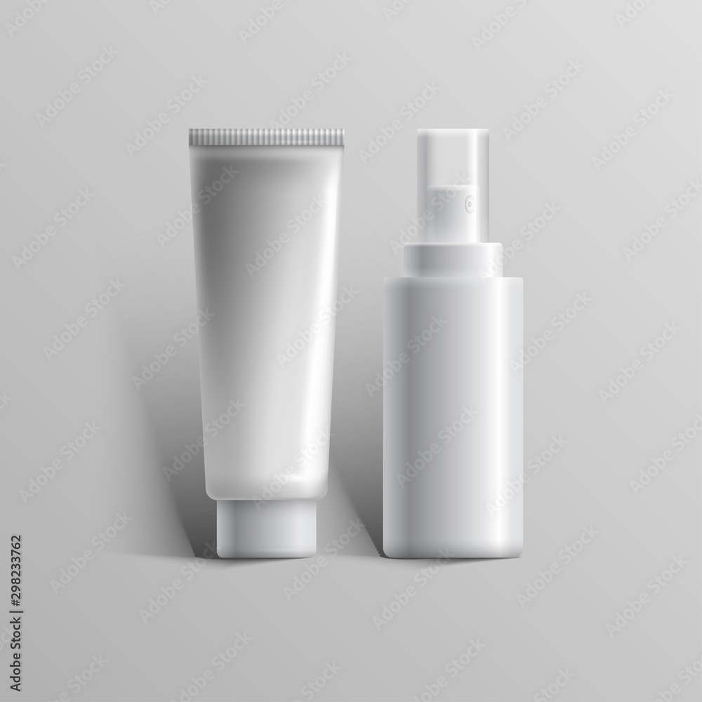 Set of realistic cosmetic bottle can sprayer container. Dispenser for foaming, cream and other cosmetics, isolated on white background. Vector illustration. EPS 10 Set of realistic cosmetic bottle can sprayer container. Dispenser for foaming, cream and other cosmetics, isolated on white background. Vector illustration. EPS 10