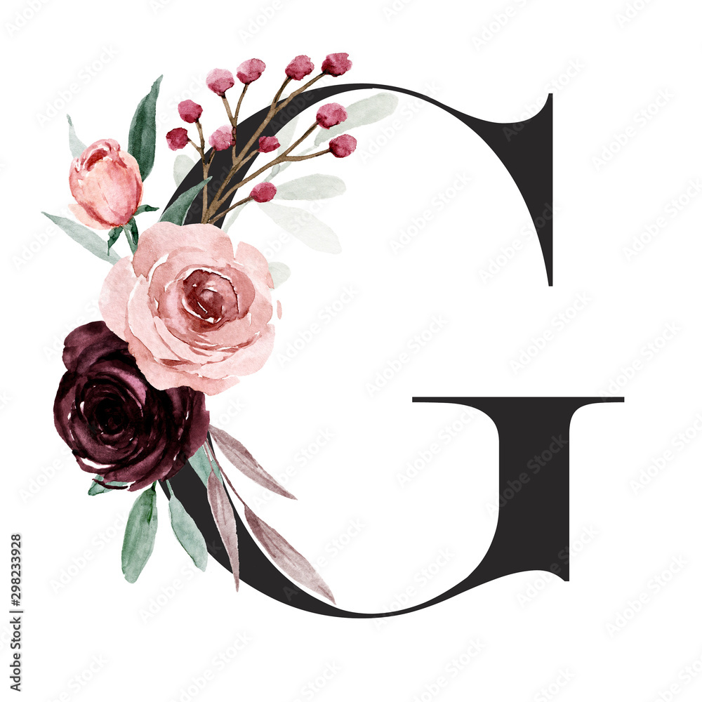 Alphabet, letter G with watercolor flowers and leaf. Floral monogram