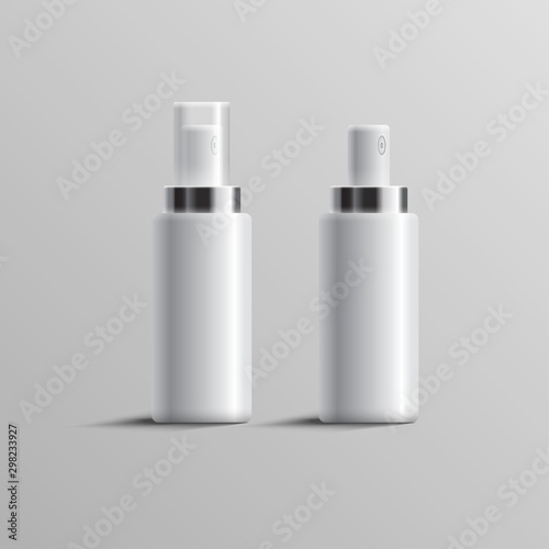 Set of realistic cosmetic bottle can sprayer container. Dispenser for foaming, cream and other cosmetics, isolated on white background. Vector illustration. EPS 10