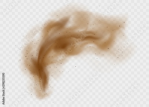 Dust cloud with ground particles isolated on a transparent background. Brown sand explosion with clay grains concept. Dirty sandy cloud in desert vector illustration.