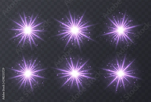 Light flares set isolated on transparent background. Purple lens flares, bokeh, sparkles, shining stars with rays collection. Glowing vector light effect. Vector illustration.