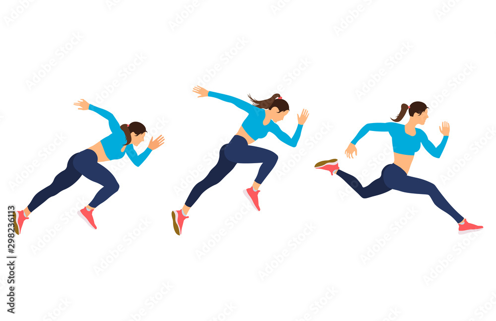Running girl young female athlete in tracksuit. Vector set of animation frames