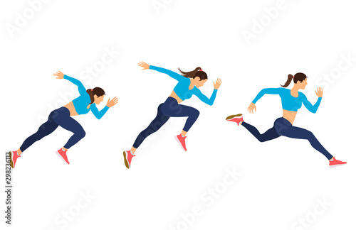 Running girl young female athlete in tracksuit. Vector set of animation frames