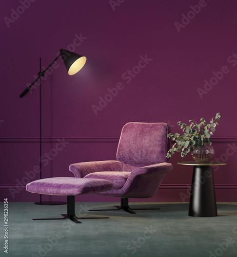 Carta da parati 3D per Soggiorno - Carta da parati Velvet red interior with velvet lounge chair 