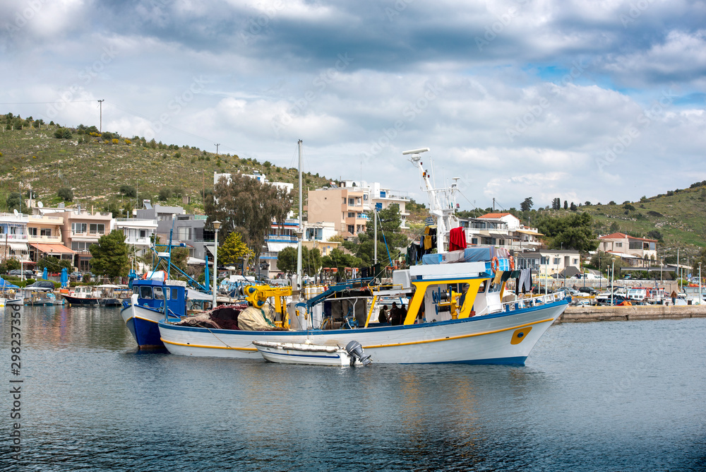 Fishing boats at small harbour in Pachi village. Megara,Greece
