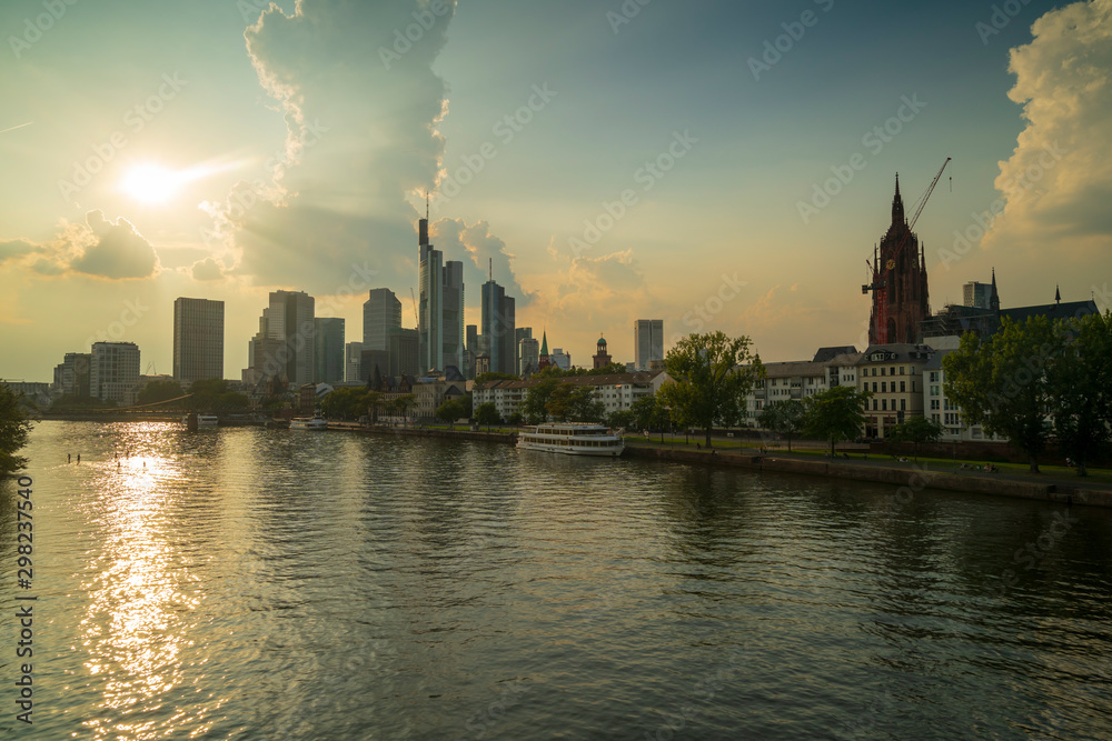 Frankfurt skyline and River Main before sunset