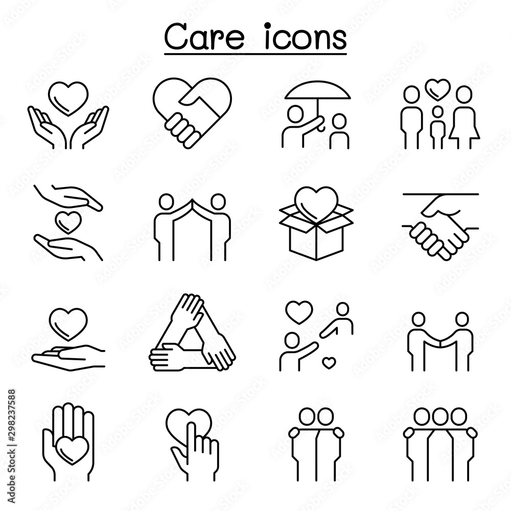 Care, Kindness, Generous icon set in thin line style - obrazy, fototapety, plakaty 