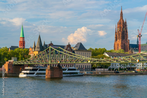Eiserner Steg bridge and Frankfurt Cathedral over river Main