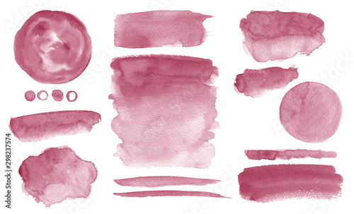 Burgundy watercolor stains Set of brush strokes Dark red Invitation design