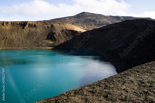 View of Krafla volcano crater with water, tourist popular attraction in Lake Myvatn, Iceland © Dajahof
