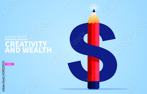 Creative and wealth, glowing pencil with letter S consisting of dollar signs