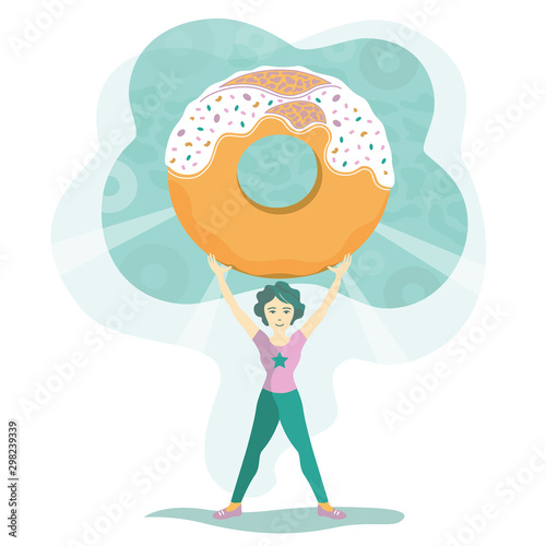 Illustration of a woman in sportswear fights with a big sweet donut and wins. The concept of the dangers of unhealthy diets, cholesterol plaques from sugar and baking.