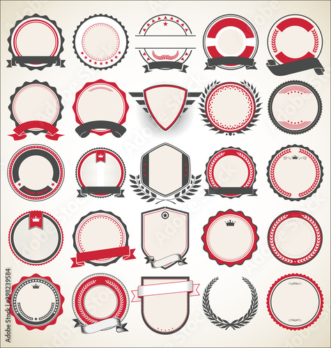Collection of badges and labels 