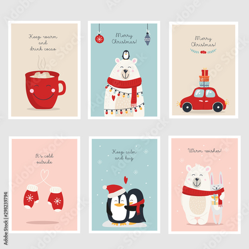 Set of Christmas and New Year hand drawn greeting cards