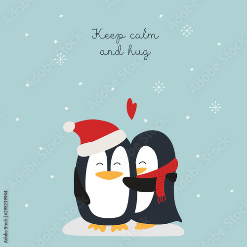 Christmas card with penguins hugs