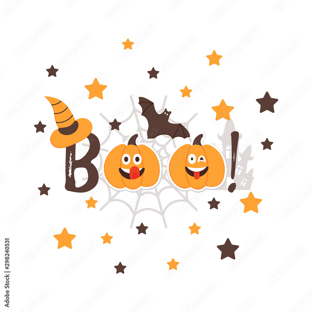 Vector Halloween BOO message with Pumpkins happy Emoji cartoon characters.  Friendly Emoji Faces in the night sky with stars. Orange Squash Smiles for  messenger. Greeting card, postcard. Stock Vector | Adobe Stock