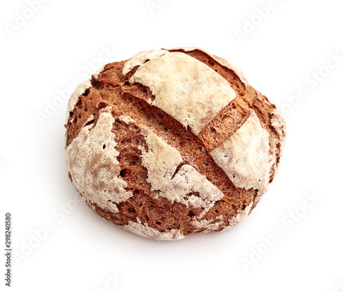 Freshly baked, handmade rural rye Russian bread, isolated on white background.