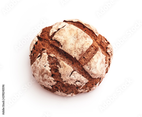 Freshly baked, handmade rural rye loaf, isolated on white background.