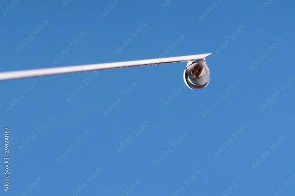 Fototapeta premium Close-up or macro of syringe needle with a drop at the tip on a blue background . reflection of pills in a drop. Hospital, health, care, doctor, injection, vaccine, vaccination, illness, disease