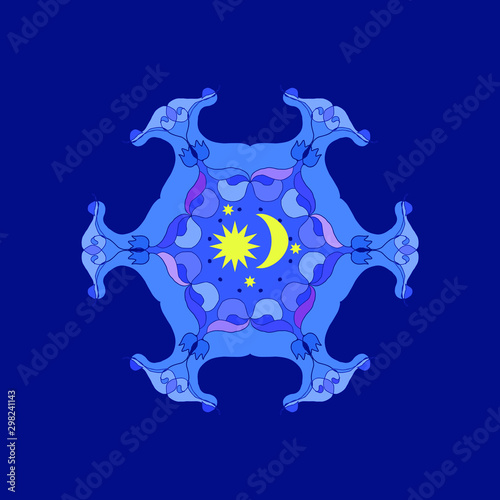 moonshine fantasy circular pattern in deep blue tones sun, moon and stars nighttime vector